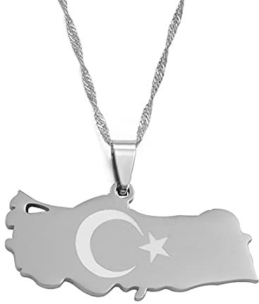 LIUZIXI Türkei Karte Anhänger Halskette - Ethnischer Charme Türken Landkarte Flagge Anhänger - Hip Hop Trendy Dünne Kette Schmuck Für Männer Frauen Jahrestag Party Geschenk,Silber