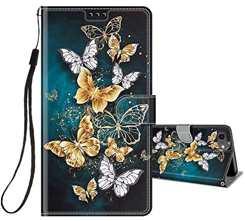 Flip Case for iPhone SE 2020 / 2022 5G - Protective Wallet Case with Kickstand, Card Slot Holder, Silicone Shockproof Cover - Butterfly/Green