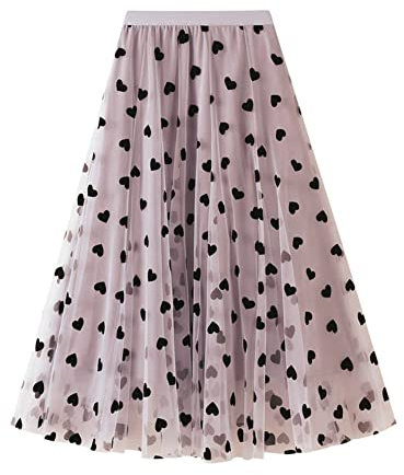 DISSA Jupe Mi-Longue en Tulle Rose Taille Haute avec Motif Cœur pour Femme - Trapèze, Taille Unique, SK1200