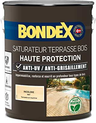 BONDEX - Saturateur Terrasse Bois Intérieur & Extérieur - Idéale pour Rénover, Décorer et Protéger - À Base d'Eau - Haute Protection - Anti-UV, Anti-Grisaillement - Mat - 5L - Incolore