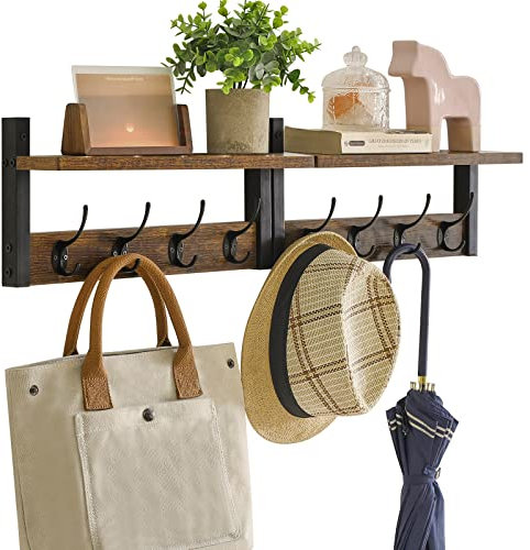 YMYNY Wandgarderoben mit Ablage, 2er Set Wandregal in einem Paket, Garderobenhaken mit 8 Doppelhaken, 80cm für Hüte, Kleidung, Dekoration im Eingang, Flur, Küche, Schlafzimmer, Braun HWS001H-2
