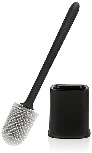 Canvint Toilet Brush, Silicone Toilet Brush with Holder Set, Dead Corner Deep Cleaning Toilet Brush with Quick Drying Holder, Loo Brush with Flexible No-Slip Long Plastic Handle for Bathroom (Black)