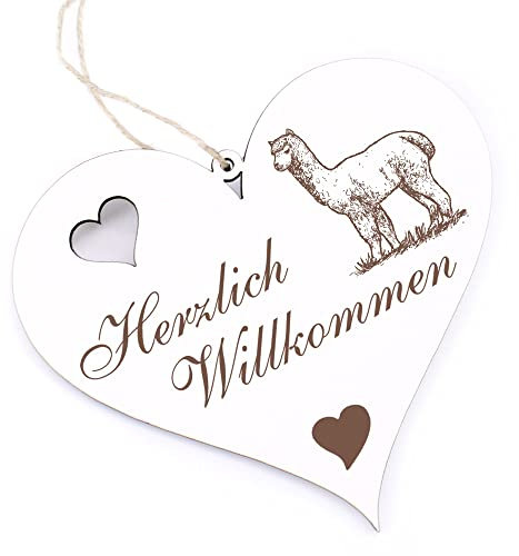 Herzlich Willkommen Schild - Alpaka Lama auf einer Wiese - Deko Herz Holz Willkommensschild Türschild Dekoschild Türdeko