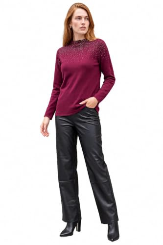 Roman Originals Diamante Sequin Jumper for Women UK Ladies Sparkly Glitter Sweater Embellished Smart Casual Autumn Winter High Neck Knitwear Knitted Pullover - Bordeaux - Size 12