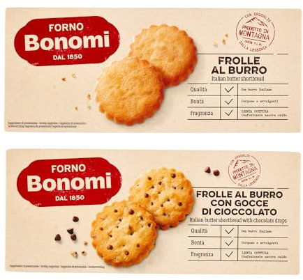 Forno Bonomi Kit Frolle al burro + Frolle al burro con gocce di cioccolato. Contiene 2 confezioni da 150g ciascuna. Ideali per uno spuntino gustoso.