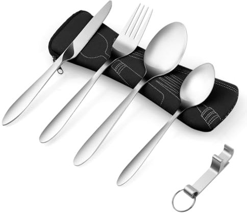 Vicloon Ensemble de Couverts, 5 pièces de Ensemble de Couverts, Ensemble de Couverts Transportables, Couverts en Acier Inoxydable avec Idéal pour les Voyages et le Camping (Noir)