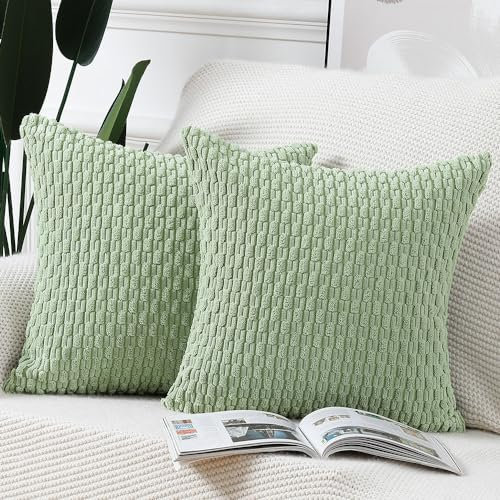 Madizz 2er Set Boho Gestreifte Kissenbezüge Weicher Kord Dekorativer Kissenbezug für Schlafzimmer Sofa Kissenhülle Hellgrün 45 x 45 cm