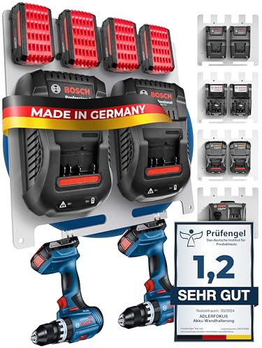 Adlerfokus Wandhalterung für Bosch Professional Akkus & Ladegeräte [Made in Germany] Akkuhalter mit Premium Montagematerial - Ladegerät - 33 x 32cm Akku Wandhalterung für Ordnung & System