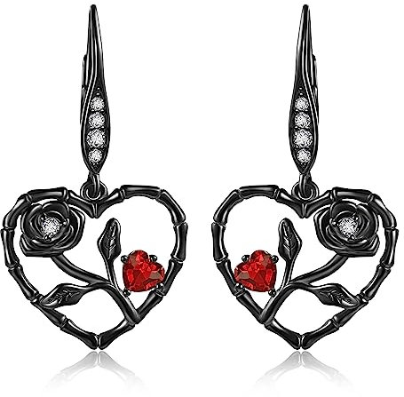 Black Rose Earrings Sterling Silver Rose Heart Dangle Earrings Rose Retro Gothic Jewellery Gifts for Women Girls
