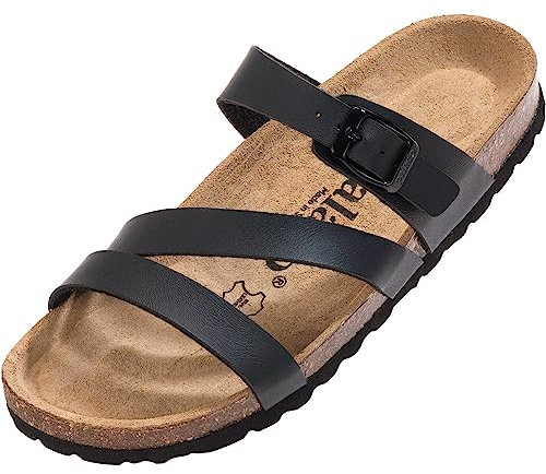 Palado Pantoletten Damen Ikaria – bequeme Sandalen Made in Spain - Hausschuhe mit dämpfendem Kork-Fußbett - modische Sommerschuhe Schwarz Matt UK6 - EU39