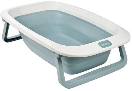 BÉABA, Baignoire Pliable bébé, Ultra Compacte, Pieds antidérapants, Design et tendance, Bouchon de vidange, Rangement Pratique, Encombrement minimal, Facile d'utilisation, Eazy Pop Camélé'O, 29L, Bleu
