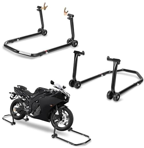 Eulenke Motorrad Montageständer, Motorradheber bis 300 kg, Hohe Stabilität Montageheber mit Adapter, Praktischer Transportständer mit Verstellbarer Breite, vorne und hinten Radhalter, Schwarz