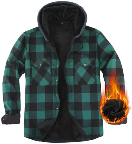 Kariertes Jacke Herren Hemdjacke Winter Warm Fleece Hoodie Flanellhemd Jacke Button Down Langarmshirt Gefüttert Karohemd Holzfällerjacke Hoodie für Herren mit Taschen Green-Q3-XL