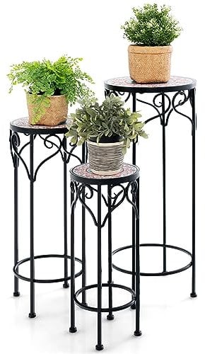 COSTWAY Set of 3 Metal Plant Stand, Round Stackable Flower Pot Holder with Ceramic Top & Anti-slip Foot Pads, Indoor Outdoor Coffee Table Display Rack for Home Garden Patio Balcony
