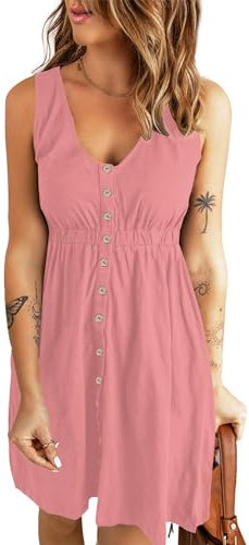 AUSELILY Vestito Donna Estivo con Scollo a V Senza Maniche Lunghezza al Ginocchio Elastico in Vita Decorazione con Bottoni Abito Casual con Tasch Rosa XS