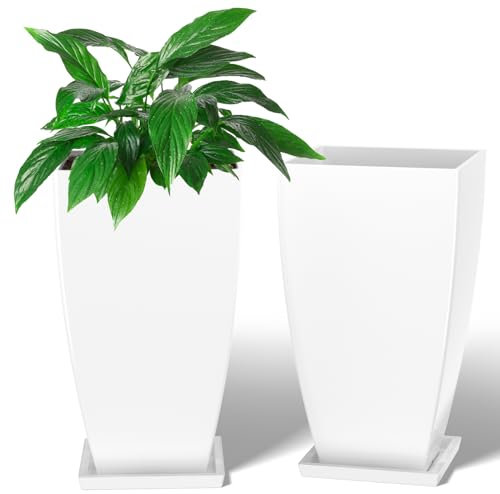 FIASON Macetas grandes cuadradas altas, macetas ligeras de 21 pulgadas con diseño de drenaje para interiores y exteriores (juego de 2, blanco)
