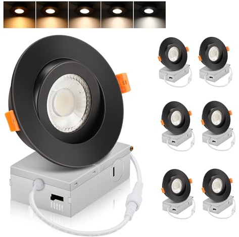 Cloudy Bay Eyeball 5 Color 4 inch Gimbal LED Recessed Light with Junction Box,9.5W CRI90+ 2700K/3000K/3500K/4000K/5000K Selectable,Dimmable Canless Ceiling Spot Light,Damp Location,Black,Pack of 6