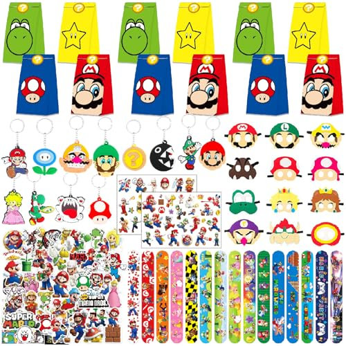 Seamart Ma-rio Kindergeburtstag Party Mitgebsel Set, 146 Stück Party Gastgeschenke Kinder, Slap Armbänder, Tattoos, Geschenk-Taschen, Masken, Aufkleber Give Aways Kindergeburtstag Jungen und Mädchen