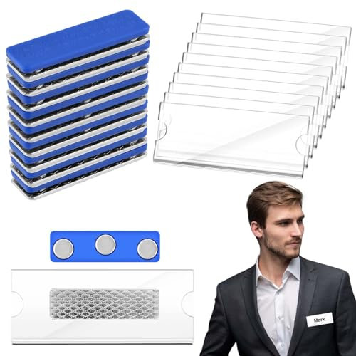 WuGU Namensschilder Magnet, 10 Stück Namensschilder für Kleidung Magnet, Metall Namensschild Halter mit 3-Punkt Magnet, Namensschild Magnetisch für Messen, Konferenzen oder Präsentationen (Blau)