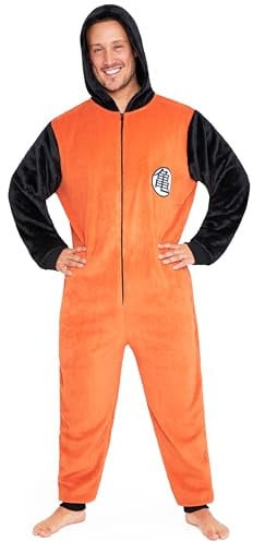 Dragon Ball Z Mens Fleece Onesie with Hood, Comfy Loungewear - Anime Gifts for Him (Orange/Black, L)