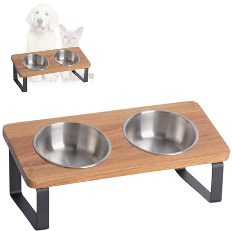PETLINUS Gamelle Chat Surélevée et Inclinée Double en Acier Inoxydable - Support en Bois Incliné à 15° - Pour Chiot, Petit Chien ou Chat - Mangeoirs et Abreuvoirs en Acacia