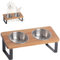 PETLINUS Gamelle Chat Surélevée et Inclinée Double en Acier Inoxydable - Support en Bois Incliné à 15° - Pour Chiot, Petit Chien ou Chat - Mangeoirs et Abreuvoirs en Acacia