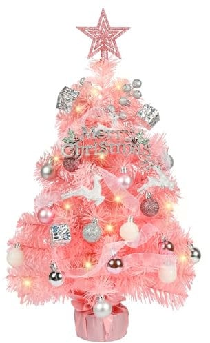 HMASYO Small Christmas Tree with Lights and Ornaments, 22 Inch Pink Tabletop Mini Christmas Tree with Light, Star Topper, DIY Artificial Table Top Xmas Tree for Holiday Indoor Home Decoration