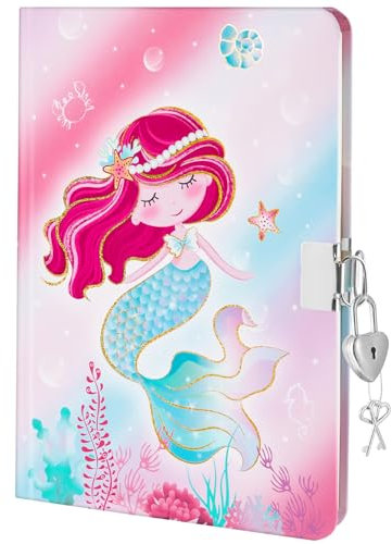 WERNNSAI Kids Diary Girls Mermaid Journal - Kids Gold Foil Journal Girls Mermaid Diary School Private Diaries A5 Lined Memos Writing Drawing Notepad with Lock and Keys Notebook Birthday Gift