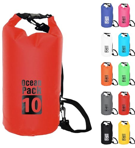 10L Rot Wasserdichte Tasche, Dry Bag 2L/5L/10L/15L/20L/30L mit Verstellbarem Gurt, Schützt Telefon/Karte, Roll Top Wasserdichter Beutel Rucksack für Schwimmen/Rafting/Kajak/Bootfahren/Camping/Strand