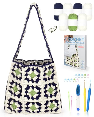 Reessy Häkelsets für Anfänger und Erwachsene, Oma quadratisches Häkeltaschen-Set, Häkel-Starter-Set mit Schritt-für-Schritt-Anleitung, Häkelnadeln und 7 Garnknäueln, Häkelset für Kinder, DIY Häkeln