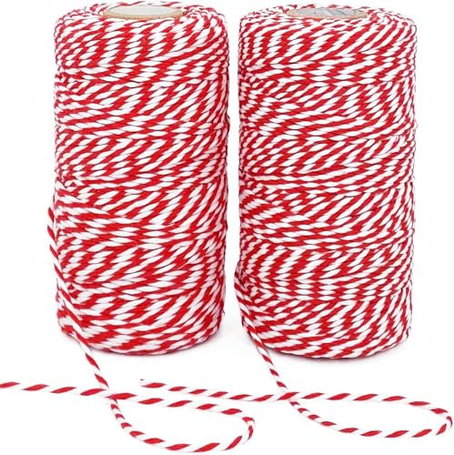 Christmas 2 Rolls 200m Bakers Cotton Twine String - Natural Red White Butchers Twine Cord for Gift Wrapping, Baking, Arts Crafts, Gardening,DIY,Home Decor