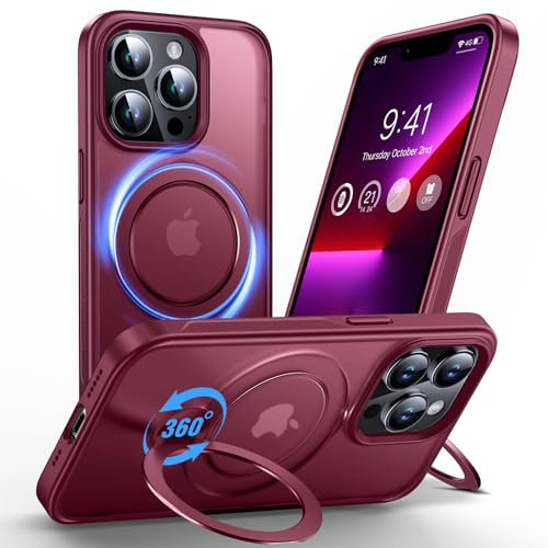 Anqrp 360° ALL-in-ONE Stand Case for iPhone 13 Pro Case with Rotatable Magnetic KickStand Ring Holder, Compatible with MagSafe, Shockproof Translucent Matte Phone Cover for iPhone 13 Pro, Red