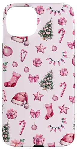 Hülle für iPhone 15 Plus Weihnachts-Licht und Weihnachtsmannmütze, kokettes Muster, Rosa