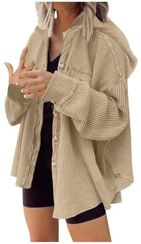 Doudoune Jott Femme Chemise décontractée à capuche boutonnée à manches longues pour femmes avec poches vestes floues à col ample Doudoune A Capuche Femme Parka Longue Femme (Khaki, XL)