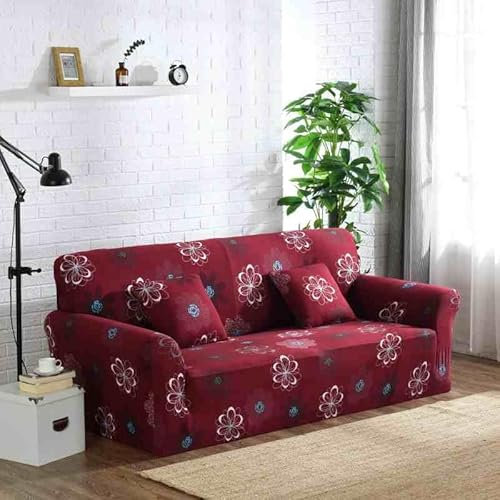 Couch Überzug 4 Sitzer Vintage Rote Blume Sofabezug Jacquard,Wohnzimmer Protector Stretch,Kratzfester Sofahusse,Abnehmbare Waschbar,Hautfreundlich rutschfest