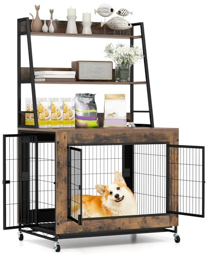COSTWAY Dog Crate Furniture, Wooden Dog Cage on Wheels with Storage Shelves, 3 Lockable Doors, Flip Top Lid, Removable Tray, Indoor Pet Kennel for Small to Large Sized Dogs
