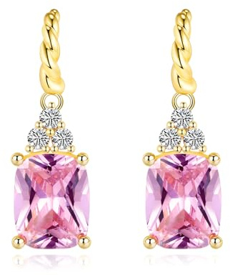 LOVANS Gold Ohrringe Damen 925 Sterling Silber, Klein Earrings mit Rosa AAAAA Quadrat Zirkonia Ohrhänger, Hängend Huggie Ohrring Geschenke für Urlaub, Dates und Alltag
