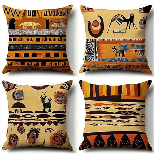 Kissenbezug 4Er Set Aus Baumwolle, Dekokissenbezug mit Reißverschluss, 30x30 cm Weiche Kissenhülle für Couch, Bett, Sofakissen Bezüge, Verschiedene Größen, Hygienisch Und Langlebig Retro Afrika B1172