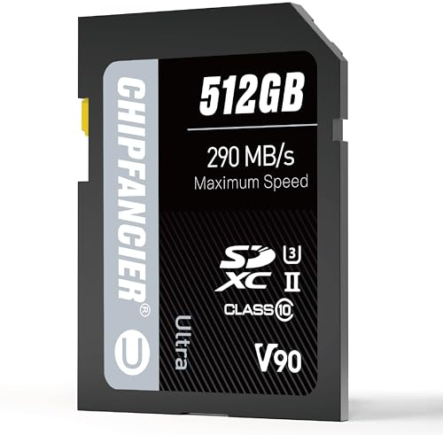 CHIPFANCIER 512GB SD V90 Card SDXC UHS-II V90 Memory Card R290MB/s W290MB/s C10 U3 V90 Full-HD & 8K Video Black