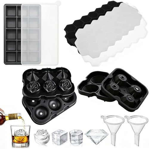 Wesoke 4er Pack Eiswürfelschalen Silikon Quadratische sechseckige Rose Diamant Eiswürfelformen Set Eiswürfelbereiter mit Deckel & 2 Trichter für Whiskey Cocktails gekühltes Getränk, Schwarz