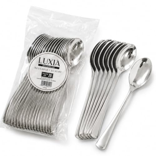 Playlearn Luxia Reusable Silver Plastic Cutlery Spoons, 20pcs Bulk Pack Durable Elegant Cutlery, 17.3cm Heavy Duty Dinnerware for Weddings, Catered Events