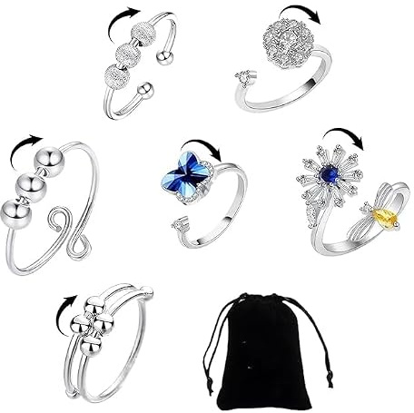 6 Stück Anxiety Spinner Ring mit Aufbewahrungstasche, Silber Verstellbar | Stapelbare Fidget Ring mit Perlen, Anti Stress Ring für Mädchen Damen Herren Kinder, Geburtstags-Party-Geschenke