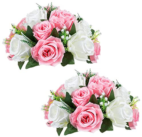 2 Pezzi Fiori Artificiali, Rose Plastica a 15 Teste con Base, Adatte per Centrotavola Matrimonio del Nostro Negozio Fioriera per Decorazioni per la Casa di San Valentino (Rosa&Bianco)