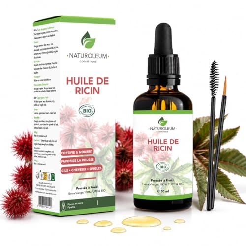 Naturoleum - Huile de Ricin Bio 100% Pure, Pression à Froid, Pousse Cils et Sourcils, Fortifiante, Kit Mascara avec Brosse et Eyeliner, Flacon Verre 50 ml