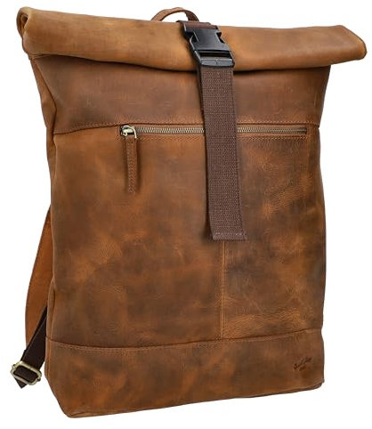 Gusti Leder Rucksack - Mattis Rolltop Tagesrucksack aus Büffelleder in Braun – Lederrucksack mit Laptopfach 15 für Uni, Outdoor & City 18 L