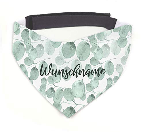 Tierisch-tolle Geschenke Hundehalstuch mit Namen Vintage Blätter personalisiert inklusive Wunschname mit 12 cm Klettverschluss für kleine, mittlere und große Hunde (M = Halsumfang: 38-45 cm)