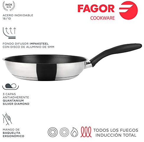 Fagor Inoxtherm Sartén Inducción 28 cm, Acero Inoxidable, Antiadherente Ecológico Titanio QUANTANIUM sin PFOA, Fondo Difusor, Apta para Todas Las Cocinas, Vitrocerámica, Gas, Lavavajillas