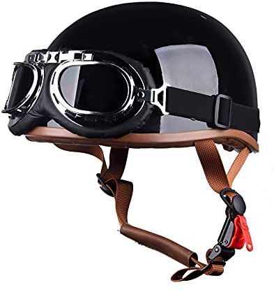 LIONCIANO Jethelm Für Motorräder Jet-Helm Roller-Helm Scooter-Helm Moped Mofa-Helm Chopper Retro Vespa Vintage Jethelme Rollerhelm Sturzhelm Chopper Helm(Helles Schwarz mit Brille)