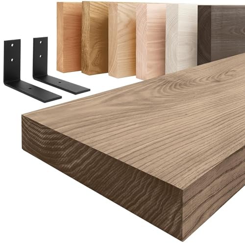 LAMO Manufaktur Holzregal mit schwarzen L-förmigen Halterungen | Wand Regal 50cm breit für Badezimmer, Flur, Küche im Industrial-Stil | Farbe: Nussbaum, Kante: gerade | Massivholz, Vintage-Charakter