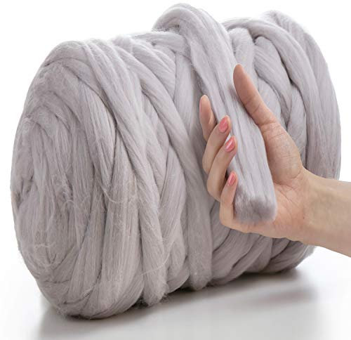 MeriWoolArt® 100% XXL Merino Wolle Garn 4-5cm Dicke Wolle Garn, Filzwolle Trockenfilzen Nassfilzen, DIY Wolle Garn Decke, Decke Baby Wolle, Arm Stricken Decke Garn Satingrau, 1Kg